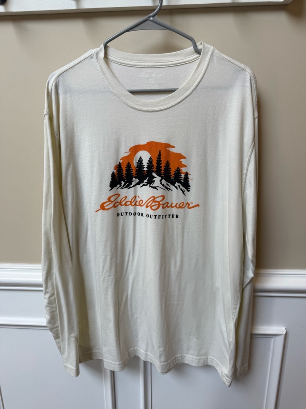 Eddie Bauer Cream Long-Sleeve Graphic Tee with Orange and Black Print